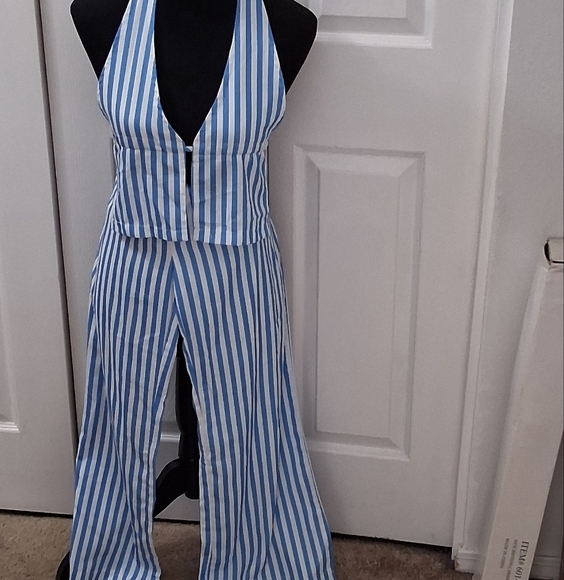 Blue and White Striped Halter Top & Pants   Size S - Picture 4 of 9
